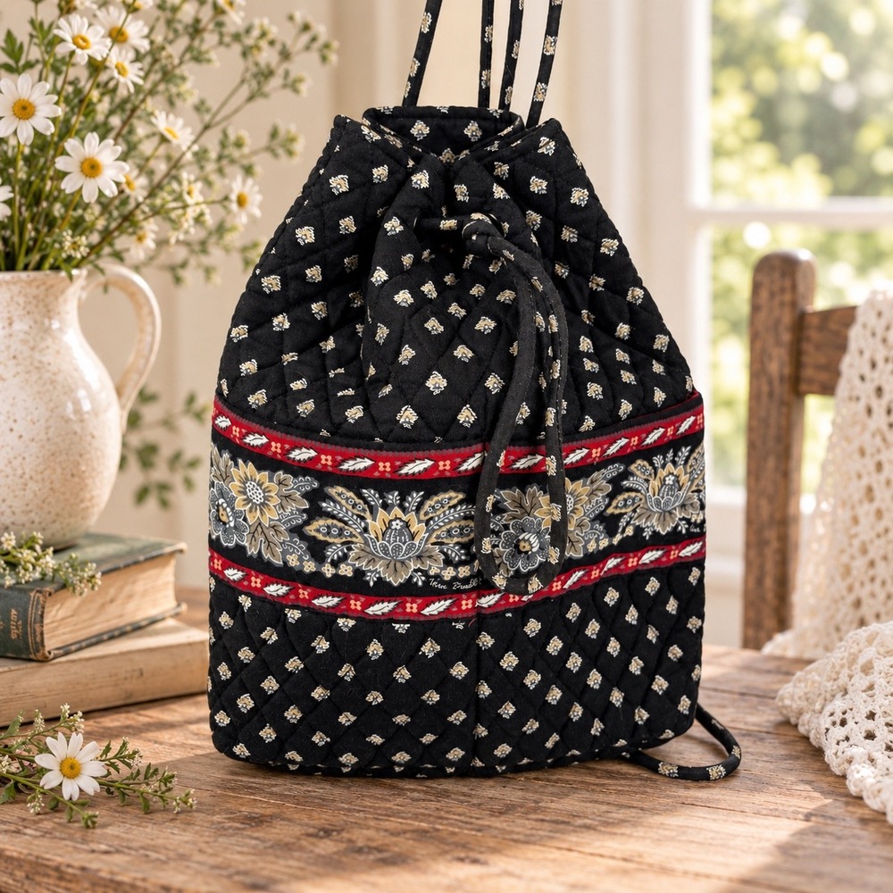 Vera Bradley Vintage Black Lotus Drawstring Backpack Quilted Floral Boho Cottage